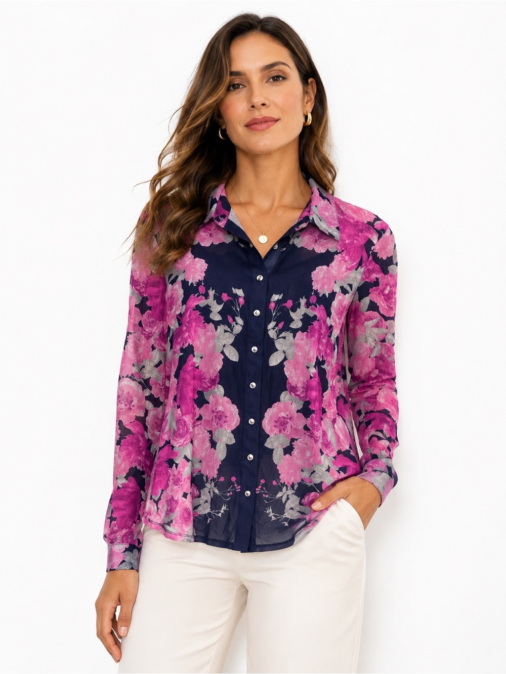 INC International Concepts Navy Floral Button-Front Blouse with Pink Blooms